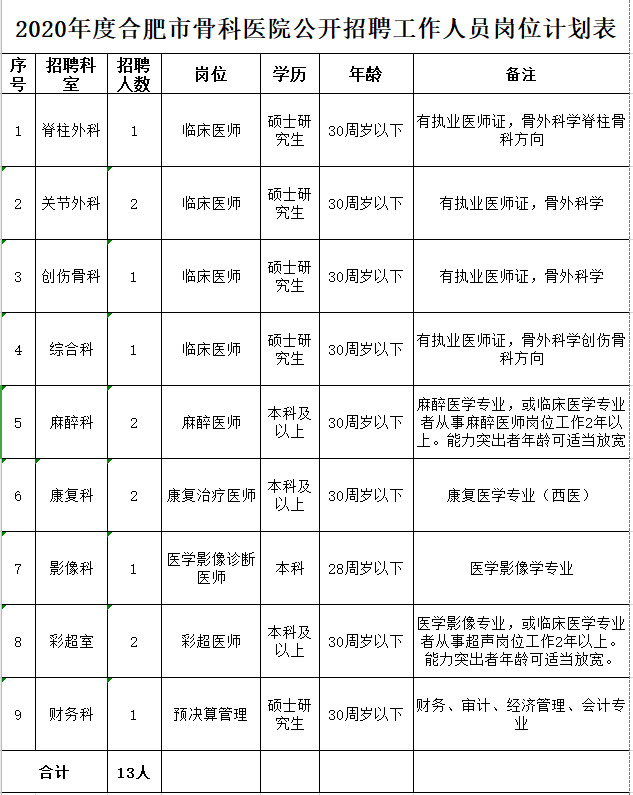 合肥市骨科醫(yī)院公開招聘工作人員崗位計(jì)劃表